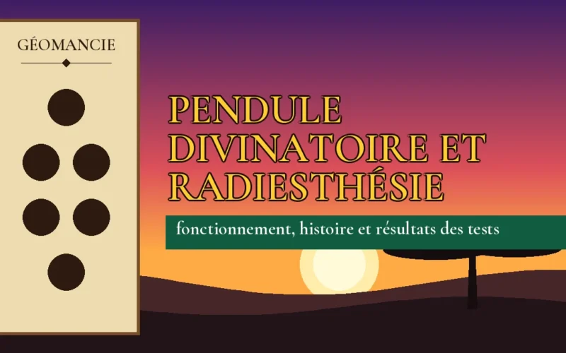 Affiche de l'article Pendule divinatoire et radiesthésie, figure de géomancie sur parchemin et coucher de soleil africain
