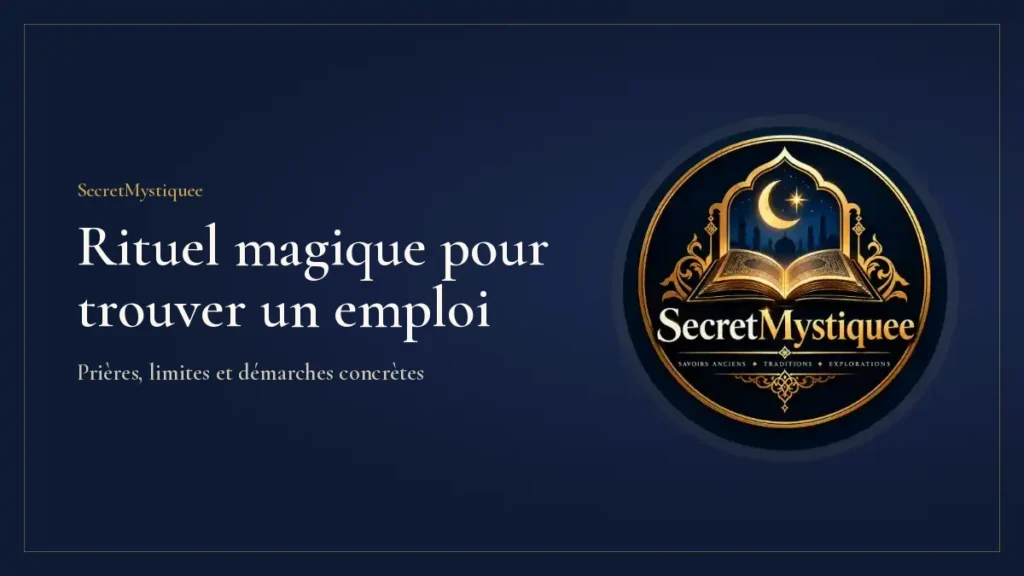 Bureau avec un CV, une lampe et un chapelet posés sur un livre ancien, illustration pour l'article rituel magique pour trouver un emploi