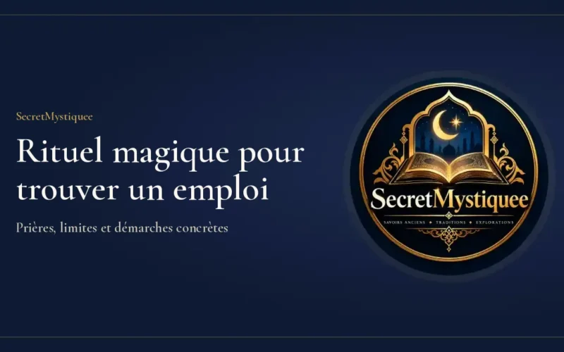 Bureau avec un CV, une lampe et un chapelet posés sur un livre ancien, illustration pour l'article rituel magique pour trouver un emploi