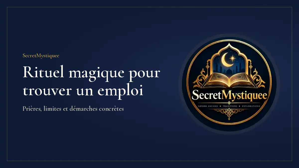 Bureau avec un CV, une lampe et un chapelet posés sur un livre ancien, illustration pour l'article rituel magique pour trouver un emploi