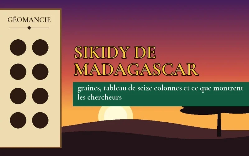 Affiche de l'article Sikidy de Madagascar, figure de géomancie sur parchemin et coucher de soleil africain