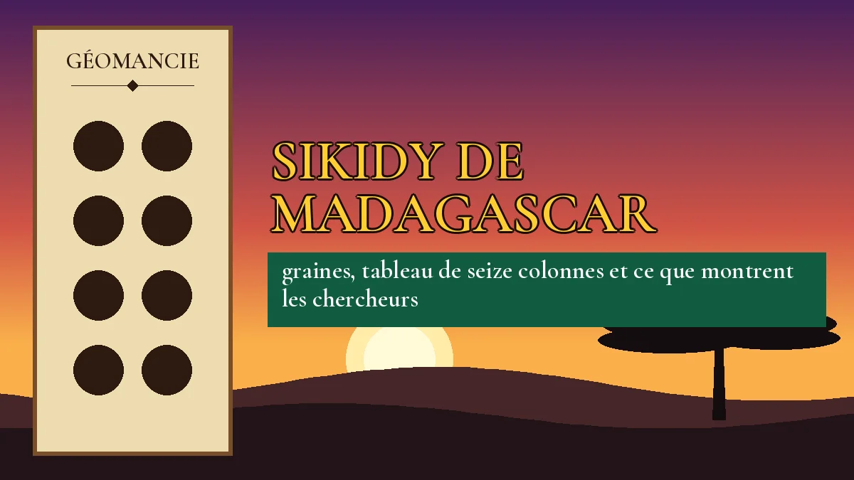 Affiche de l'article Sikidy de Madagascar, figure de géomancie sur parchemin et coucher de soleil africain