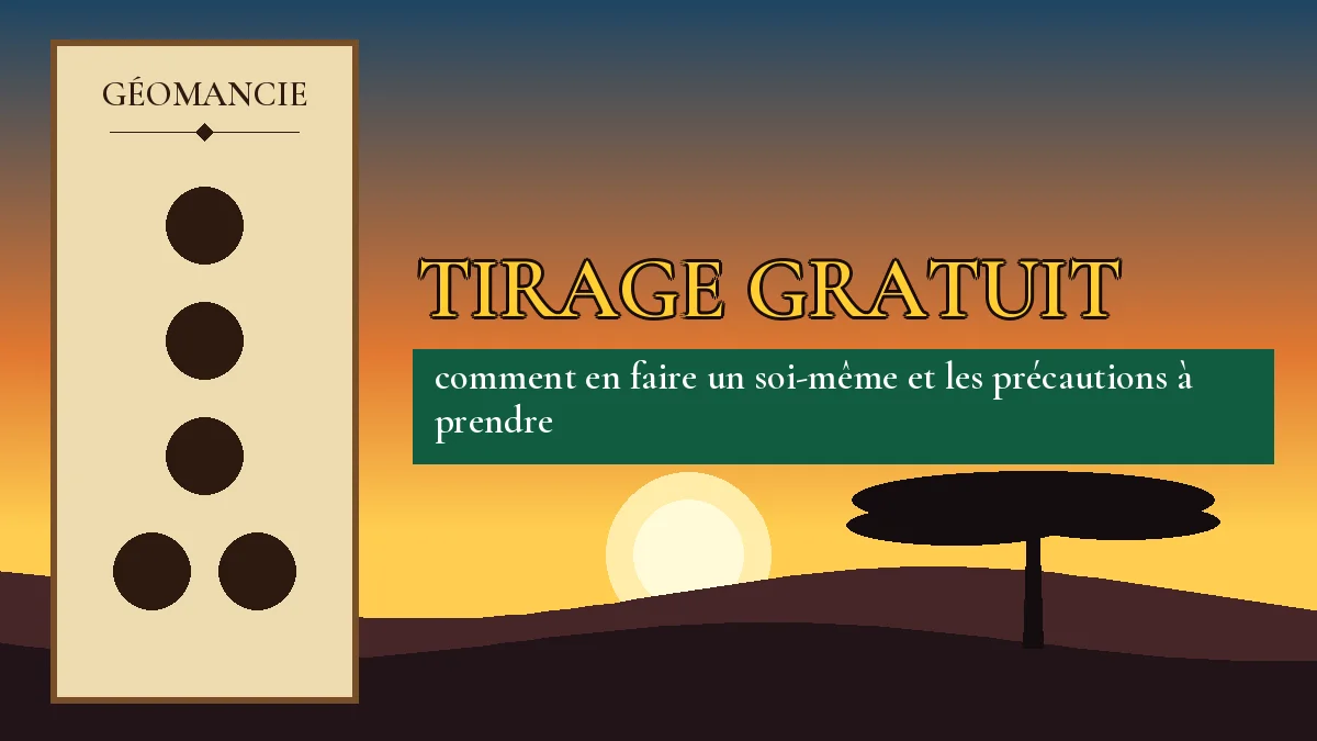 Affiche de l'article Tirage gratuit, figure de géomancie sur parchemin et coucher de soleil africain