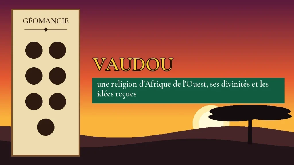 Affiche de l'article Vaudou, figure de géomancie sur parchemin et coucher de soleil africain
