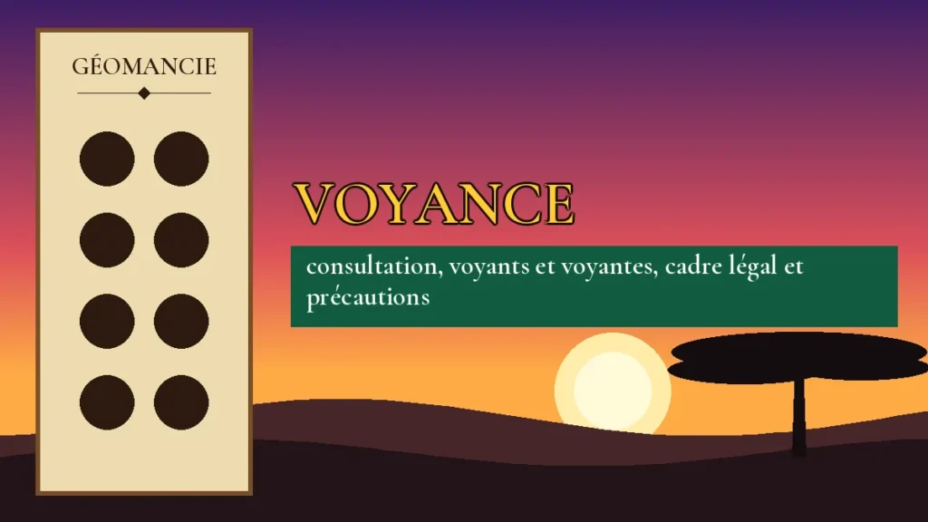 Affiche de l'article Voyance, figure de géomancie sur parchemin et coucher de soleil africain