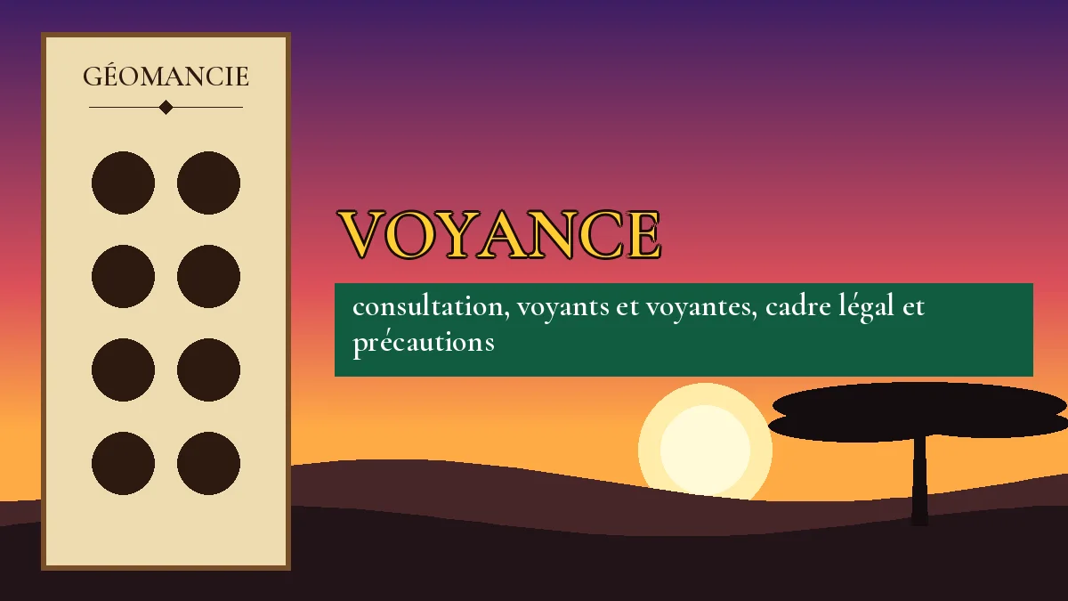 Affiche de l'article Voyance, figure de géomancie sur parchemin et coucher de soleil africain