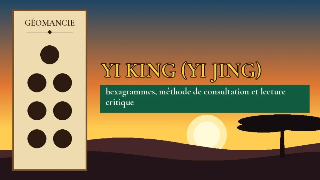 Affiche de l'article Yi King (Yi Jing), figure de géomancie sur parchemin et coucher de soleil africain