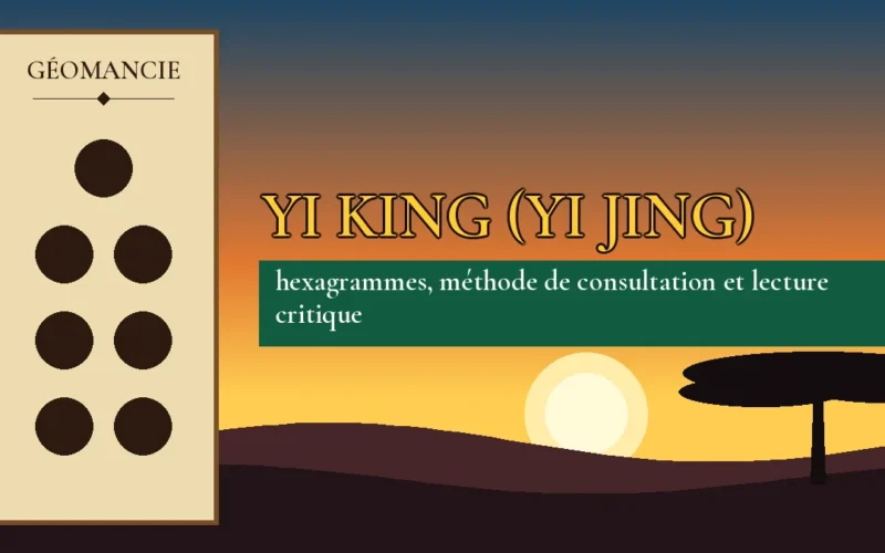 Affiche de l'article Yi King (Yi Jing), figure de géomancie sur parchemin et coucher de soleil africain